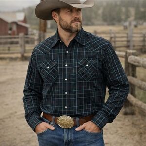 Ely Cattleman Western Pearl Snap Shirt Black Windowpane Long Sleeve Sz 18.5 Tall